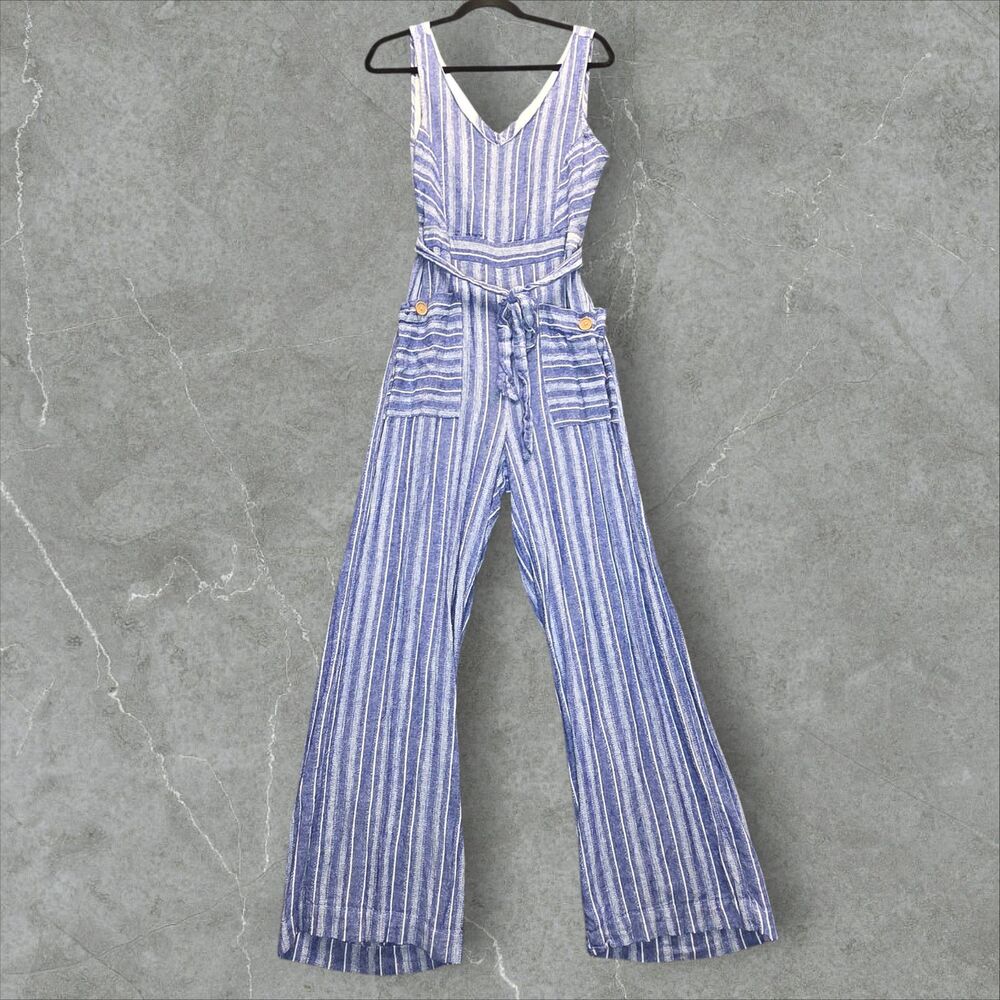 Indigo Rein Jumpsuit Womens Medium Striped Linen Rayon Wide Leg Tie Back